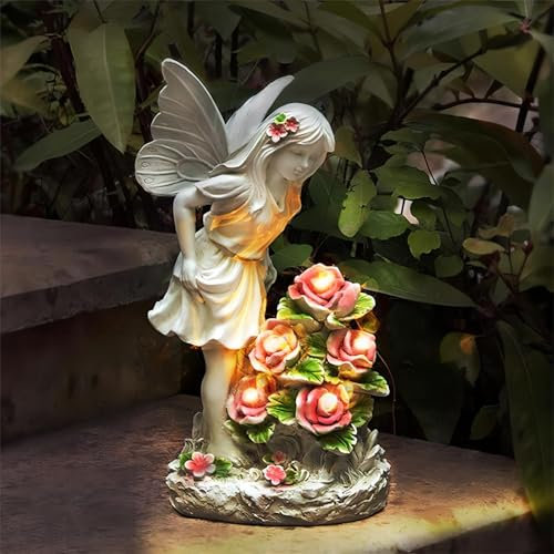 FIYSON Fairy Engel Figur Garten Solarlampen für Außen, Schmetterling-Engel mit Blumen Gartenfigur, IP65 Wetterfest Harz LED Solarlampen Garten Statue, für Terrasse Balkon Rasen Gartendeko (Stil 1)