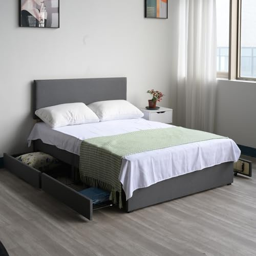 Panana Grey Divan Double Bed Linen Fabric Divan Bed Frame With/without Headboard Storage Drawers (with Headboard, 4 Drawers, 4FT6 Double)