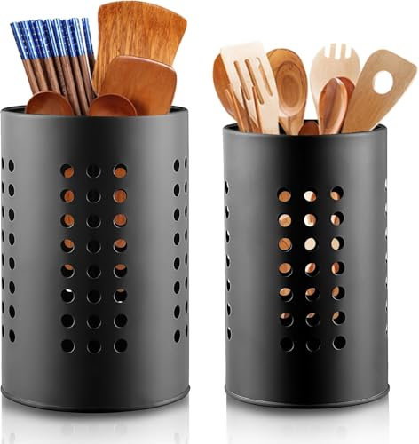 NCZCDZSW Küchenutensilienhalter Besteckkorb 2 Stück Größe 16.5 x 10cm und 18 x 12cm Besteckhalter Edelstahl Schwarze Abtropfgestell Besteckständer für Arbeitsplatte Küche Besteck Sieb Bestecktrockner
