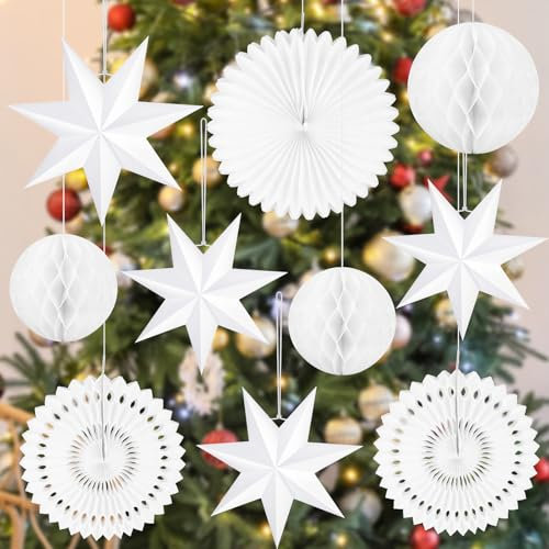 PLULON 10 Pack Christmas Hanging Star Decorations 9-Pointed Star Hanging Lanterns with White Paper Snowflake Decorations Honeycomb Ball for Wedding Birthday Baby Shower Party Decoration