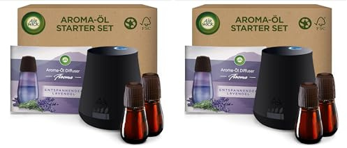Air Wick Aroma-Öl Flakon Starter Set - Air Wick Diffuser mit 2 Nachfüllern - Blumiger Raumduft mit ätherischen Ölen - Duft: Entspannender Lavendel - 2 x 20 ml Öl + Gerät in Weiß (Packung mit 2)