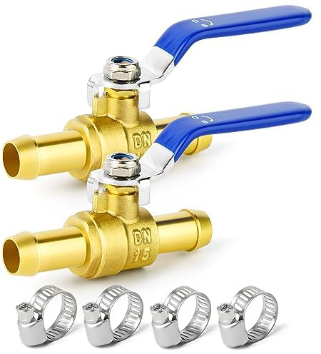 ERGAOBOY 2 Pcs 2 Way 16mm Straight Barb Shut Off Ball Valve, 16mm Hose Barb Switch Brass Ball Valve with 4 Clamps