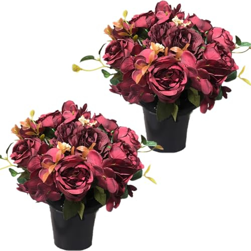 Etomvoop 2pcs Artificial Flowers for Grave, 12 Head Silk Rose Peony Hydrangea Cemetery Flower In Pot, Real Like UV-resistant Fake Funeral Floral for Outdoor Graveside Memorial Home Decoration