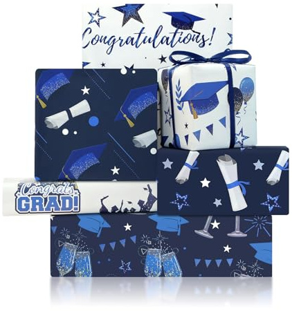 2026 Geschenkpapier zum Schulabschluss, 6 Bögen, Blau und Weiß, 50 x 70 cm pro Blatt, mit 1 Rolle blauem Band für Zeremonie, Party, Klasse, Feiern, Abschlusszubehör, Dekorationen