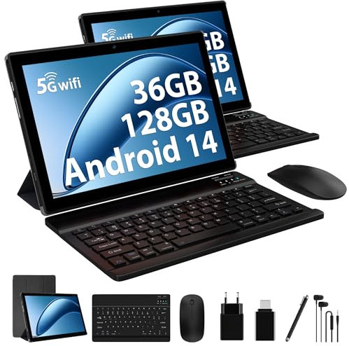 LEVIRTU Tablet 10 Pulgadas Android 15 con 36GB RAM 128GB ROM (1TB TF) WiFi 6, 5G+2.4G WiFi, Octa-Core, 8000mAh, Widevine L3, BT 5.0, Tableta táctil con Teclado, ratón, Funda -Negro