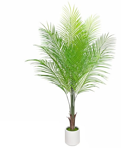 Palmera Artificial 120cm Areca, Plantas de Palma Tropical Falsas, Cuenca Blanca para Interior Exterior Oficina de Dormitorio Jardín Boda Decoración Moderna, Regalo (1 Pack)