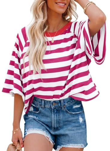 Chicrise Women's T-Shirts Crew Neck Ladies Tops Short Sleeve Stripes Elegant Casual Comfort Summer Blouses Pink White Means 38-40