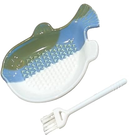 LONG XIN SERIES 1PCS Ceramic Fish-Shaped Ginger Grater Plate with Cleaning Brush for Kitchen Gadget Ginger Garlic Spices (4.8x3.5)