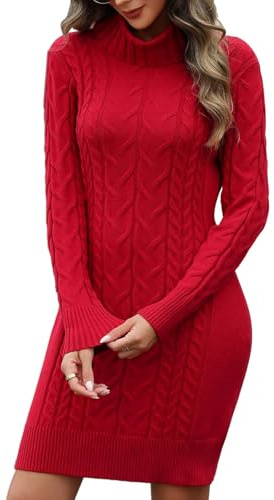 PASUDA Winter Jumper Dresses Women Stretchy Knitted Dress Ladies Long Sleeve Turtleneck Slim Fit Cable Tunic Sweater Dress Bodycon Pullover Knitwear