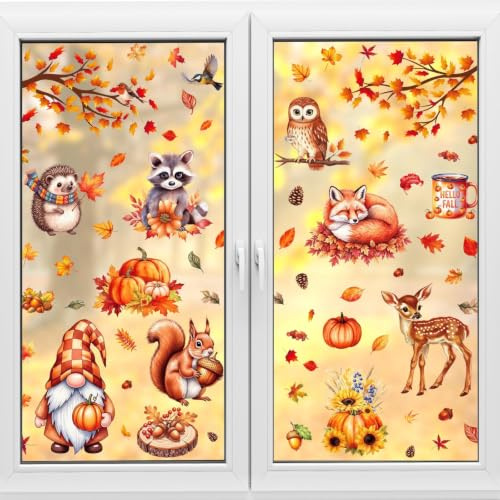9 Blätter Fensterbilder Herbst selbstklebend – 67 Stück Herbstdeko Fenster Aufkleber doppelseitig – Fensteraufkleber, Wiederverwendbar – Thanksgiving Fenster Deko