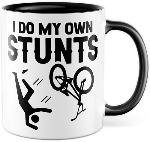 Tasse Radsport Geschenk I do my own stuns, Kaffeetasse Fahrrad Sport Witz Humor, Geschenkidee Action Abenteuer Meme Kaffee-Becher