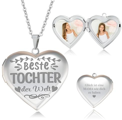 Easycosy personalisierte Medaillon zum Öffnen für Bilder, Kette mit Bild Herzkette Damen mit Gravur Foto Locket Halskette Schmuck zum Aufklappen- Valentinsgeschenke für Mädchen Schwester 45+5CM