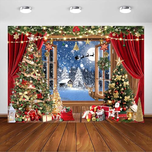 Avezano Toile de fond pour fenêtre de Noël - Pleine lune - Arbre de Noël - Renne - Rideau rouge - Décoration de fête de Noël - Portrait - Accessoires pour photomaton (3 x 2,1 m)