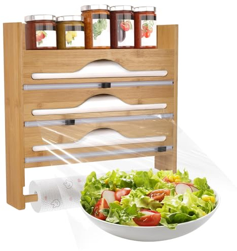 5 in 1 Bamboo Cling Film Dispenser with Cutter,Kitchen Wrap Dispenser for 12inch/30cm Cling Film,Tin Foil and Parchment Paper,Kitchen Roll Storage and Foil Organiser,Wall-Mount or Countertop