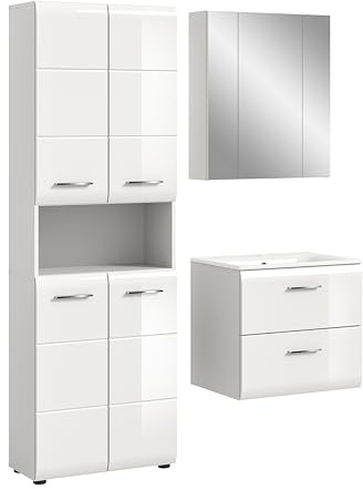 xonox.home – 3 TLG. Kompakte Badkombination Ice 135x185x46 cm in Korpus weiß Nachbildung und Front weiß Hochglanz – Stilvolles Möbel-Set für Moderne Badezimmer – pflegeleicht & funktional