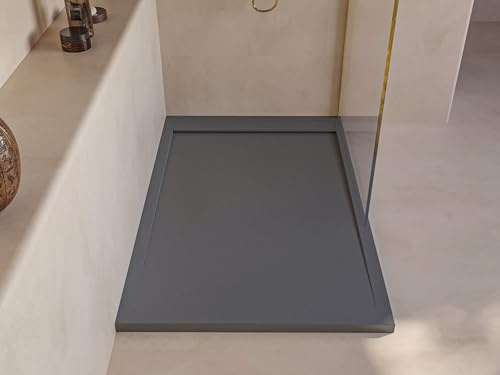 SOULBATH Plato de Ducha - Resina - Gel Coat - Textura Liso/Piedra - Antideslizante - Color Gris Cemento - 160X70- Extraplano 3cm. Incluye Válvula de desagüe - Diseño Minimalista