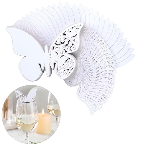 Songella Schmetterling Tischkarten Platzkarte Namenskarte Cup-Karten wandsticker mit Hohl-Muster in Den Flügeln 100 Stücke für Hochzeit Geburtstage Taufe Party Tischdeko (weiß)