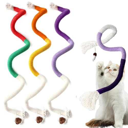 Nucalt 3 Pièces Jouet Chat Balle Interactive Corde 70Cm pour Chaton, Jouet à Mâcher, Soins Dentaires pour Chats pour Interagir Et Nettoyer Les Dents