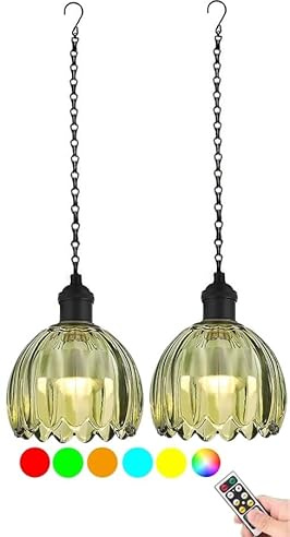 Juego de 2 luces colgantes que funcionan con pilas, impermeables, con control remoto, mini candelabro de tulipán de cristal de color RGB, accesorio colgante para cenador al aire libre, pérgola, porche