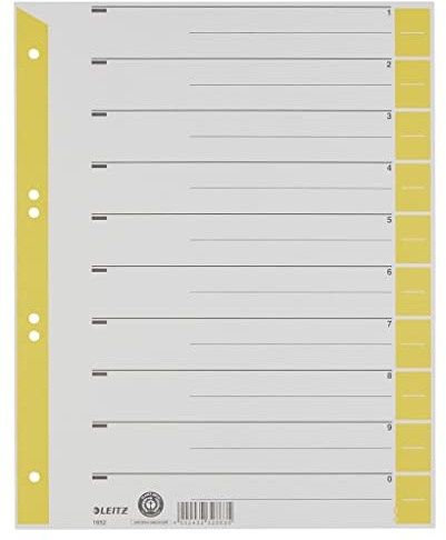 Leitz Register für A4, Deckblatt und 10 Trennblätter, Taben individuell zuschneidbar, 100 Stück, Überbreite, Grau/Gelb, 100% Recyclingkarton, 165230150