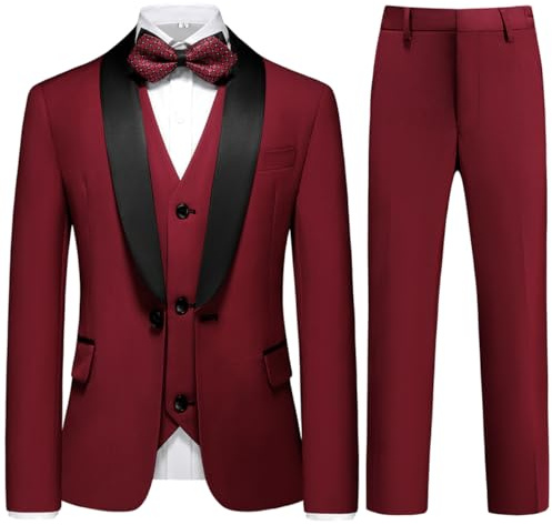 KUDORO Niño Traje 3 Piezas Clásico Slim Fit Traje de Boda Un Botón Baile Fiesta Chaqueta Pantalones Y Chaleco