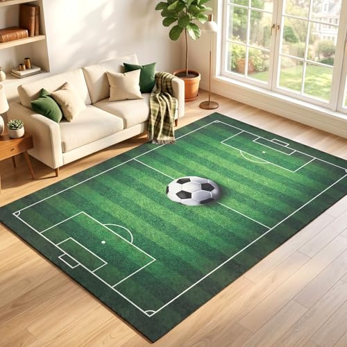 Wpokke Fussballfeld Teppich, 160 x 240 cm Fußball Spielteppich Groß rutschfeste Fußball Teppich Spielplatz Fußballfeld Dekorative Matte für Spielzimmer Jugendzimmer Wohnzimmer Fußballfans