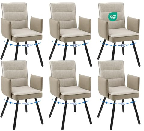 WAFTING 360°Drehbar Esszimmerstuhl,Polsterstuhl mit Armlehnen 6er Set | Stabile Esszimmerstühle Modern,Tragkraft 150 kg,Geeignet für Esszimmer,Küche,und Wohnzimmer,Khaki