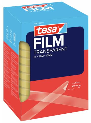 tesafilm Ruban Adhésif Transparent - Résistant au Vieillissement et au Déchirement - Rubans avec grande adhérence, 66 m x 12 mm - Pack de 12 Rubans