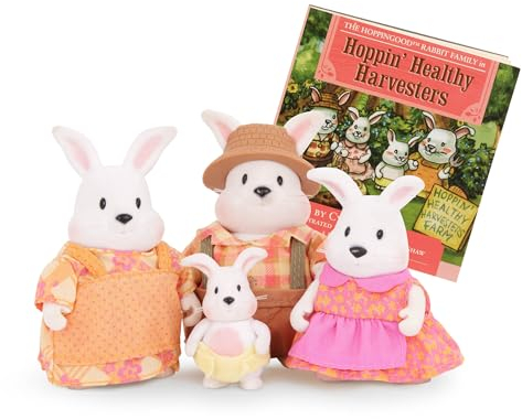 Li'l Woodzeez - Figure della famiglia di conigli Hoppingood - 4 figure di animali morbidi con libro illustrato in inglese - animali in un set, giocattoli per bambini di 3 anni +