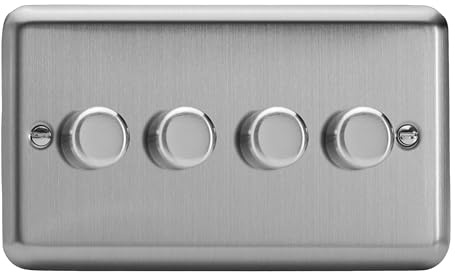 Varilight Brushed Steel, LED Dimmer Switch - V-Pro Series, 4 Gang (Double), 1 or 2 Way, 250 Watt (Trailing Edge)