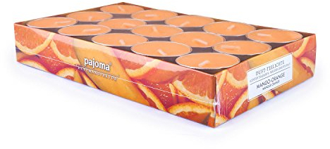 pajoma® Teelichte 30 Stück, Mango-Orange | Duft-Teelichte in Aluminiumhülle, Brenndauer ca. 4 Stunden - Höhe 1,5 cm ø 3,5 cm | Premium Qualität | Deko, Gastronomie, Outdoor, Windgläser, Hochzeit