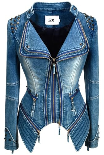 Fashion SX Womens Rivet Faux Leather Jacket Zipper Moto Biker Denim coat Motorcycle Outwear (S, Blue)