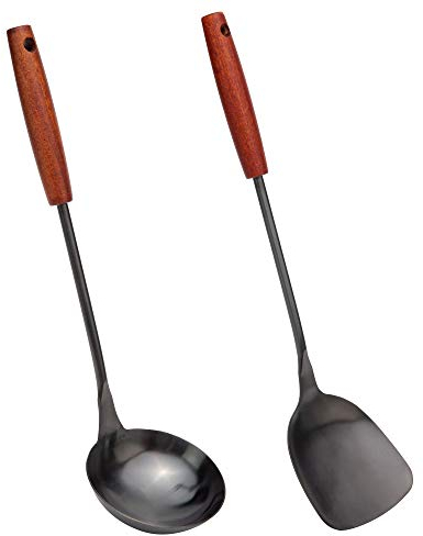 Wok Spatel-Löffel Kellet aus Pfannenwender und Schöpflöffel aus 304 Edelstahl, 36,2-38,1 cm