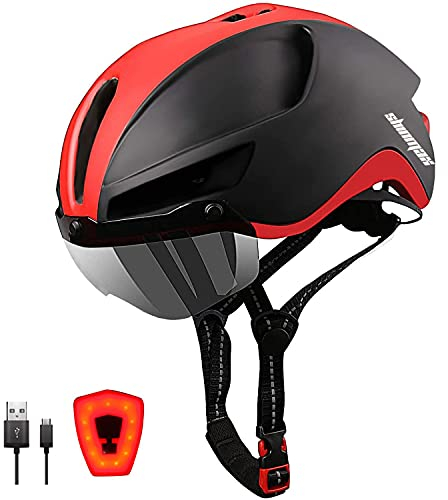 Shinmax Fahrradhelm Herren Damen mit Licht USB-Aufladung Fahrradhelm mit Visier Magnetische Abnehmbarer Urban Erwachsene Radhelm Verstellbarer CE Zertifizierung 57-62CM (Schwarz Rot)
