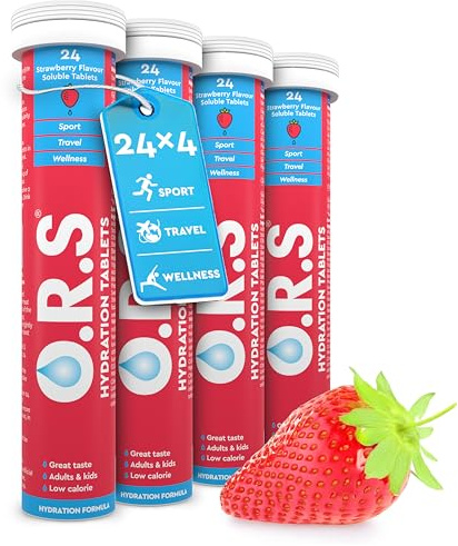 O.R.S Comprimés d'hydratation à base d'électrolytes, végétaliens, gluten et lactose – Comprimés d'hydratation solubles au goût naturel de fraise, 96 comprimés (lot de 4 x 24)