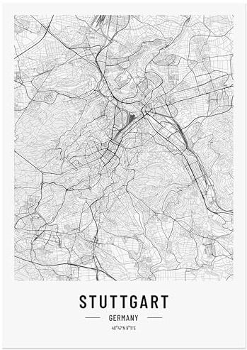 JUNOMI® Stuttgart Poster DIN A2 Schwarz Weiss, DIN A2 Wohnzimmer Deko, Modernes Wandbild, Stuttgart Bild, Wandbild ohne Rahmen, Stadtplan Poster