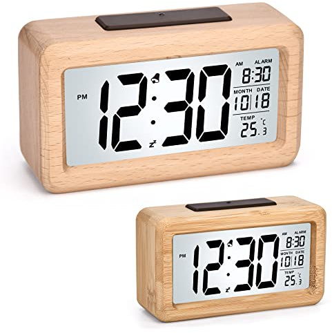 SZELAM Digitaler Wecker Holz LED Digitale Wecker Uhr, Digitalwecker Mit Lichtsteuerungssensorfunktion und Snooze, Datum, Temperatur, 12/24 Hr, Tischuhr für Schlafzimmer, Büro Wohnzimmer- Bambus Braun