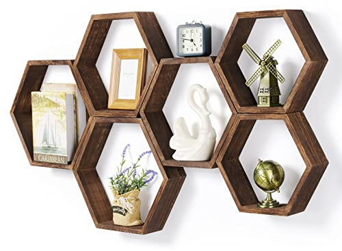 CADUKE Set mit 6 schwebenden sechseckigen Honigwaben-Regalen, aus Holz, zum Aufhängen an der Wand, für Schlafzimmer, Wohnzimmer, Flur, Büro, Farbe: Braun