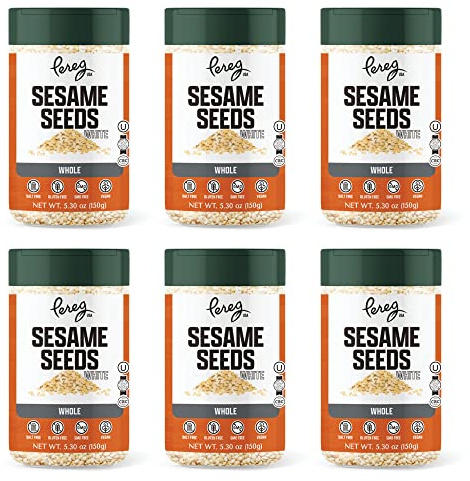 Pereg White Sesame Seeds - (5.3 Oz x 6 Pack) - Rich Dark Color - Unhulled And Raw Sesame Seeds - Crunchy & Nutty Flavor - Keto Friendly - Vegan - Non-GMO - Kosher Certified