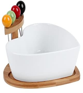 MEETOZ Heart Shaped Ceramic Bowl With Base for Salad, Dessert, Snacks - Includes 4 Fruit Forks, Serving Plate - Kitchen Gift Decorative Bowl