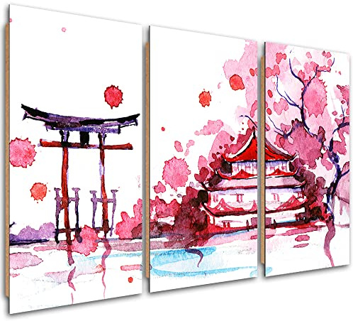 Feeby 3 pièces Tableau 90x60 cm Japon Cerisier Pagode Oriental Tableau Moderne Tableau Photo Chambre à Coucher Peinture Fleuve Bâtiment Asie rose