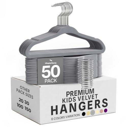 Utopia Home Kids Velvet Hangers 50 Pack – 11 Inch Non-Slip Baby Hangers for Baby and Toddlers, Durable Ultra-Slim Space-Saving Closet Organizers (Grey)