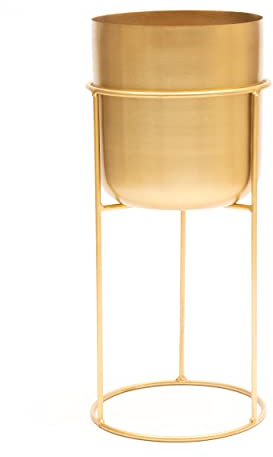 Olly & Rose Vaso per piante in metallo opaco con supporto per piante dorato, alto 50 cm, grande vaso per piante da interno con supporto, grande fioriera decorativa
