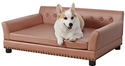 BingoPaw Hundesofa für Große Hunde: Luxus Hunde Couch Sofa aus atmungsaktivem wasserdichtem Leder - Mordern Haustiersofa mit Rückenlehne orthopädisches Hundebett und Holzbeinen - Braun 96x70x40cm