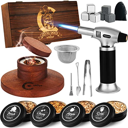 Cocktail Smoker Kit with Torch - Smoke Infuser Set For whisky and Bourbon - Drink Set Includes Smoker Wooden Box for Old Fashioned Cocktails, Wood Chips and Accessories (No Butane)