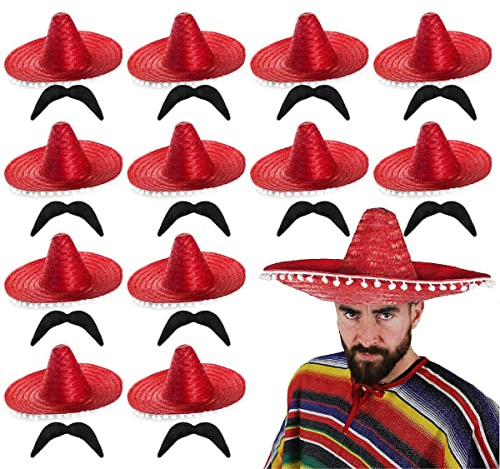 I LOVE FANCY DRESS Juego de sombrero mexicano y gorro – Sombrero con bordes de pompón y bigote mexicano negro – Sombrero mexicano de paja para vacaciones, despedida de soltero nocturno bandito