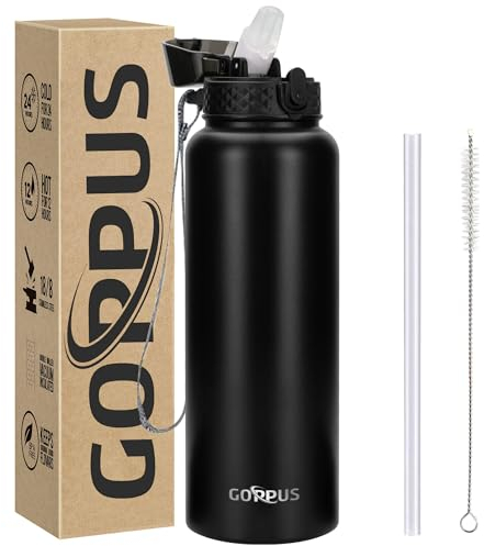 GOPPUS 1.2L/40oz Stainless Water Bottle with Straw Double Wall Insulated Bottles with Strap Large Vacuum Thermal Flask Leakproof Keep Cold Drinks Bottles with Flip Top Lid for Men Women BPA Free