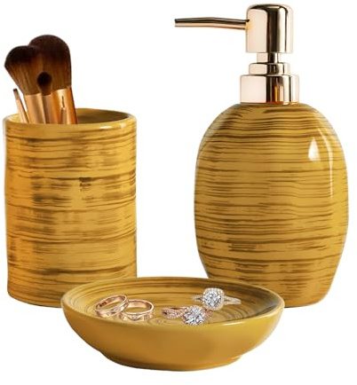 Bathroom Accessories Set, 3 Pcs Marble Look Bath Set Soap Dispenser & Toothbrush Holder Set, Counter Top Restroom Apartment Decor Stuff, Ceramic Kits, Unique Gift, Yellow