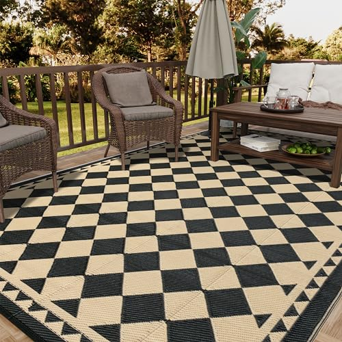 HUGEAR Alfombra de exterior para patios, impermeable, alfombra exterior grande, alfombra de plástico reversible, para camping, caravana, porche, cubierta, caravana, balcón, patio trasero (6 x 9, a