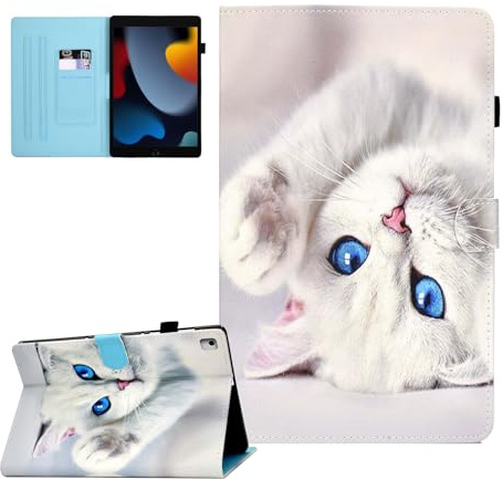 CASAFUNY Hülle für iPad 10,2 Zoll 2021/2020/2019, ipad hülle 9.Gen/8.Gen/7.Gen, PU Leder Tablette Schützhülle Multi-Winkel Ständer Cover Case Auto Schlaf/Wach für iPad 10,2 Zoll, Weiße Katze